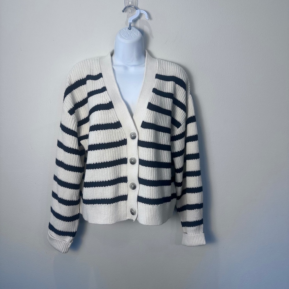 H&M Striped Knit Cardigan Cream Black V Neck Button Front‎ Long Sleeve Women M